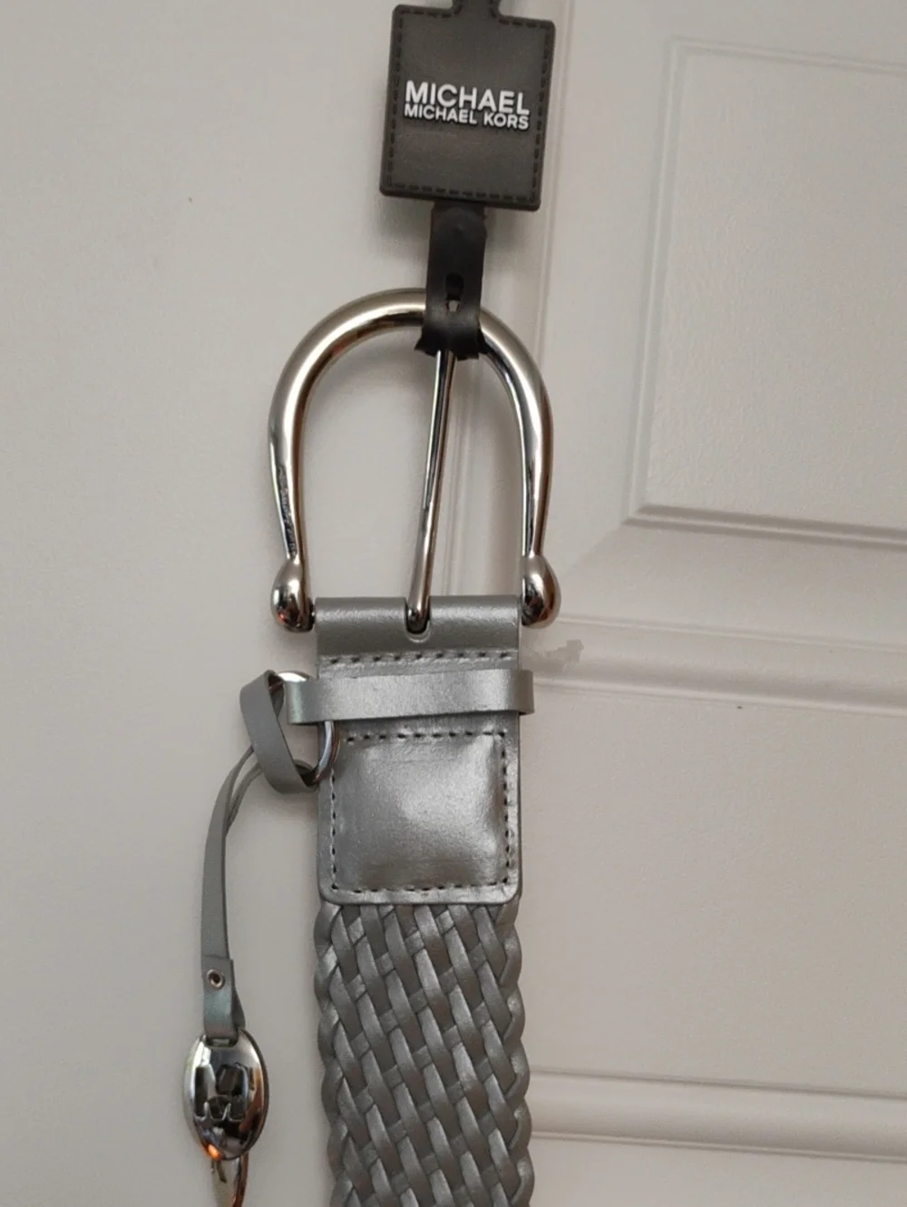 MICHAEL Michael Kors Men’s Silver Braided Leather Belt with Polished Buckle